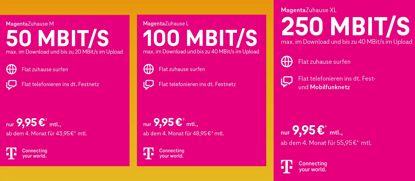 Telekom MagentaZuhause Tarife mit 50, 100 und 250 Mbit/s Internet-Flat