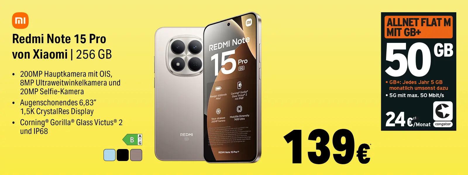 Congstar Allnet Flat M mit Xiaomi Redmi Note 15 Pro 256 GB und 50 GB 5G