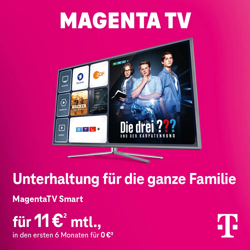 MagentaTV Smart Werbung: Fernseher mit Streaming-Apps und Serienauswahl